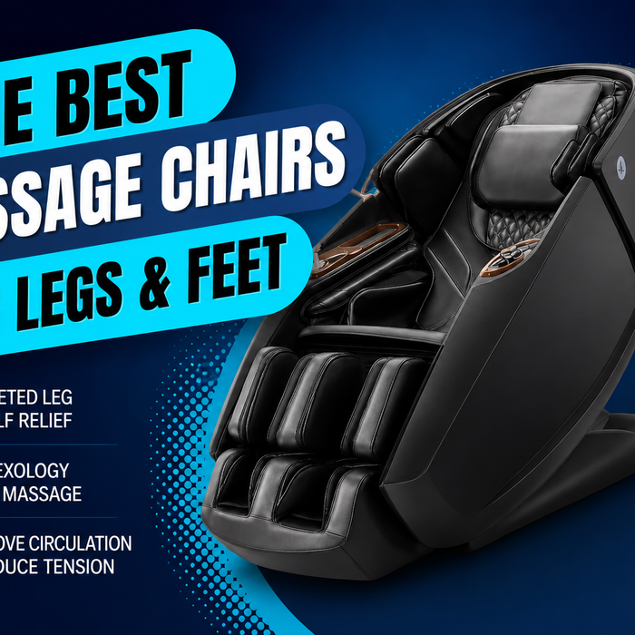 Black Daiwa Supreme Hybrid X massage chair in a bold blue graphic thumbnail promoting the best massage chairs for legs and feet with features including calf relief, reflexology foot massage, and circulation support.