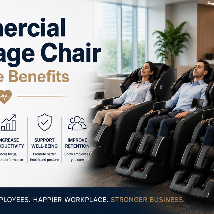 Employees enjoying commercial massage chairs as part of a workplace wellness program that promotes comfort, wellness, and employee satisfaction.