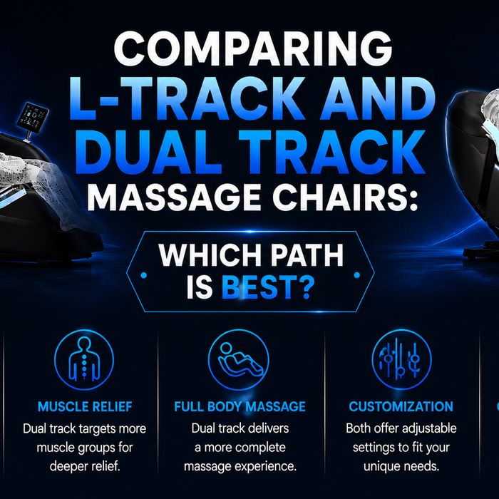 Comparison guide banner illustrating the differences between L-track and dual-track massage chair roller paths.