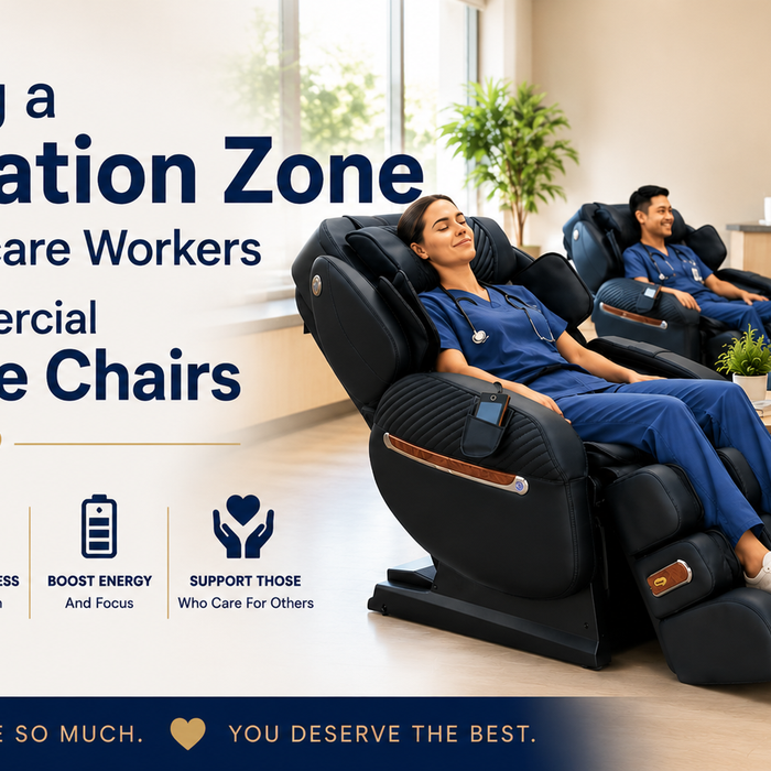 Healthcare professionals enjoying commercial massage chairs in a hospital break room to reduce stress and improve workplace wellness.