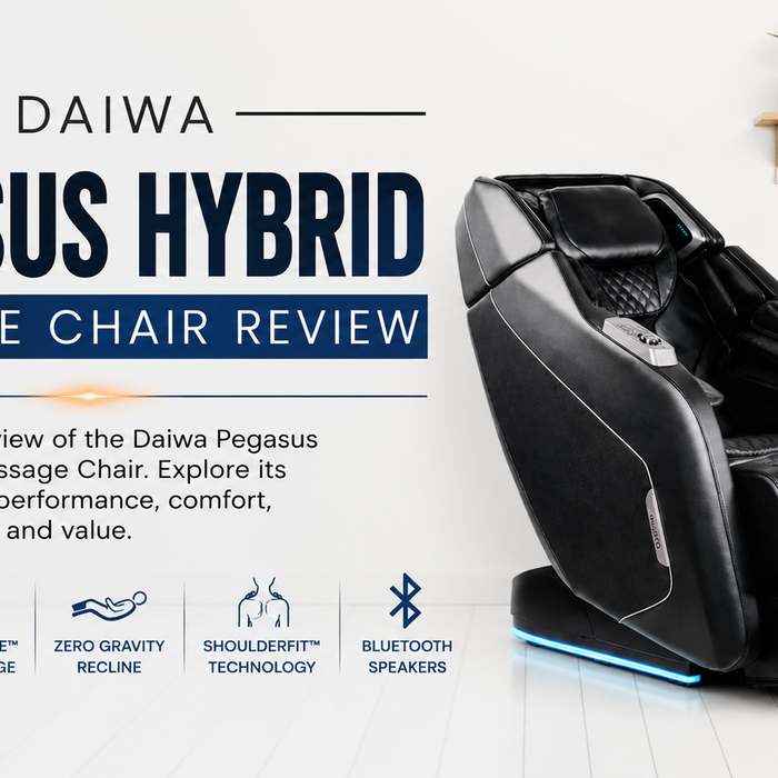 Daiwa Pegasus Hybrid massage chair review featuring the premium massage chair in a modern home with advanced massage technology and luxury comfort.