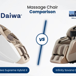 Side-by-side comparison of the Daiwa Supreme Hybrid X and Infinity Sovana 4D DualPro massage chairs highlighting their high-end features and dual-track systems.