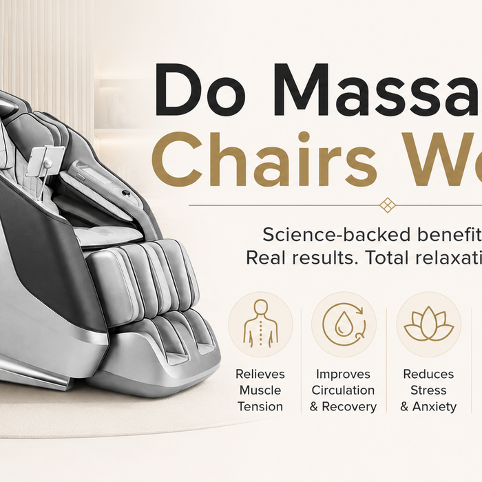 Do massage chairs work? Luxury Infinity massage chair with infographic highlighting muscle tension relief, circulation improvement, stress reduction, sleep support, and overall wellness.