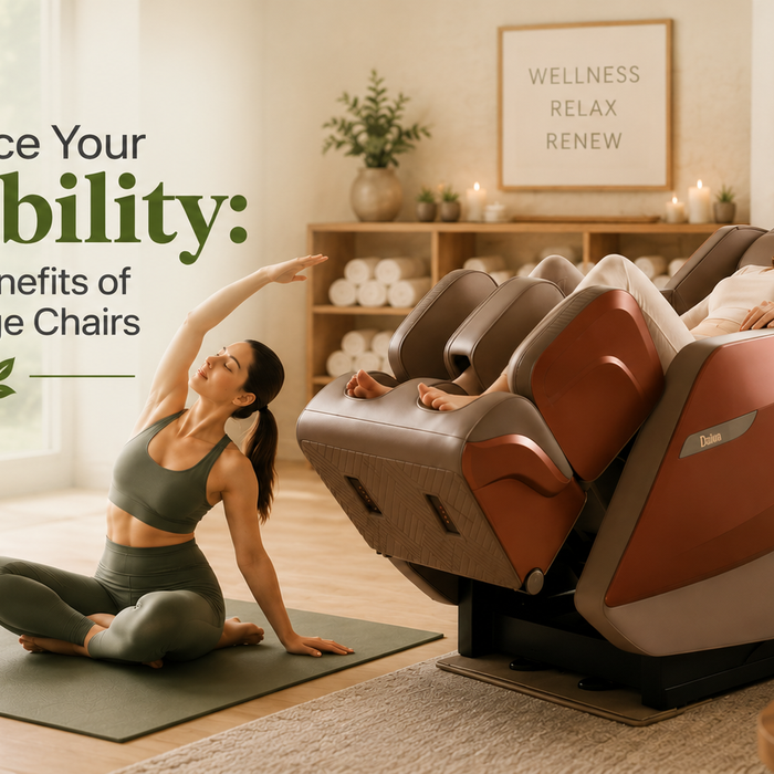 Luxury massage chair in a wellness center with a woman stretching nearby for an article about the flexibility benefits of massage chairs.