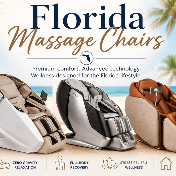 Luxury Florida massage chairs displayed in a tropical-inspired home setting featuring zero gravity relaxation, full body recovery, and wellness-focused comfort technology.