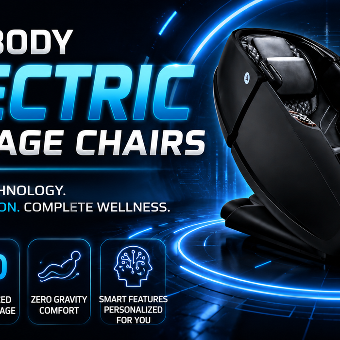 Futuristic full body electric massage chair featuring advanced massage technology, smart controls, and total body comfort.