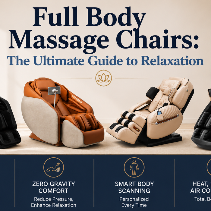 Full body massage chairs guide featuring four premium massage chairs in a modern home with advanced relaxation technology.