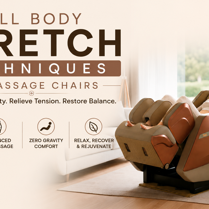 Massage chair with full body stretch technology for improved flexibility, spinal decompression, and muscle relaxation.