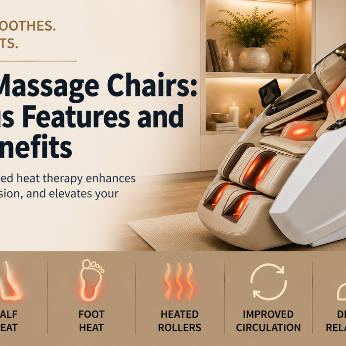 Modern luxury heated massage chair highlighting thermal heat therapy features for back pain relief.