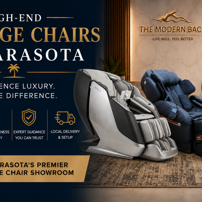 High-end massage chairs in Sarasota featuring premium Infinity, Luraco, and Daiwa massage chairs at The Modern Back showroom.