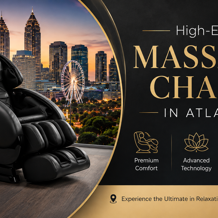 Interior of The Modern Back's Atlanta showroom showcasing high-end Daiwa massage chairs available for in-person demonstrations.