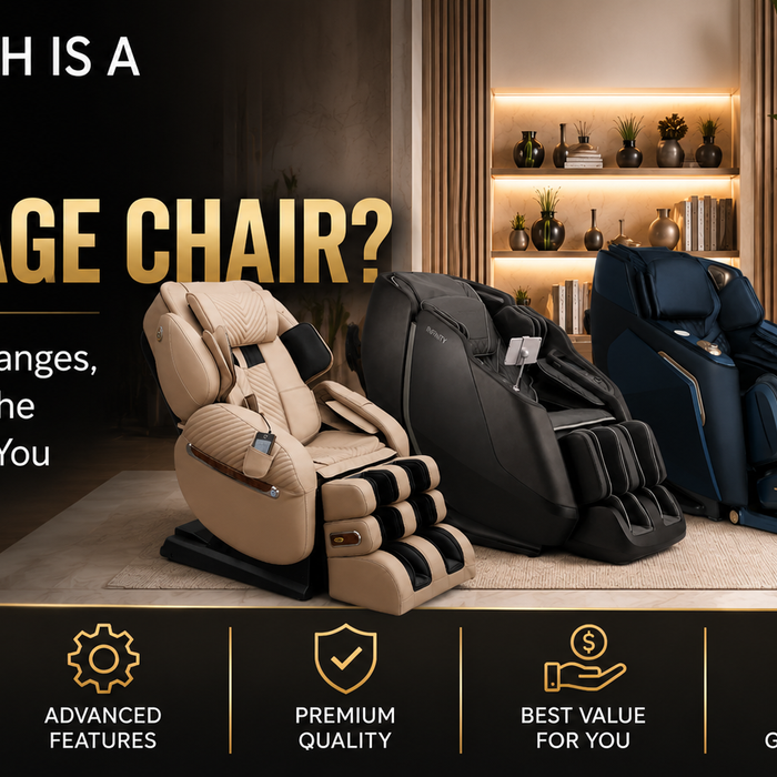 Four premium massage chairs displayed in a luxury showroom, illustrating how much a new massage chair costs and the features available at different price points.
