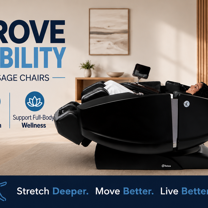 Daiwa Supreme Hybrid X massage chair with HybriFlex™ stretching technology in a modern wellness space promoting improved flexibility, mobility, and muscle recovery.
