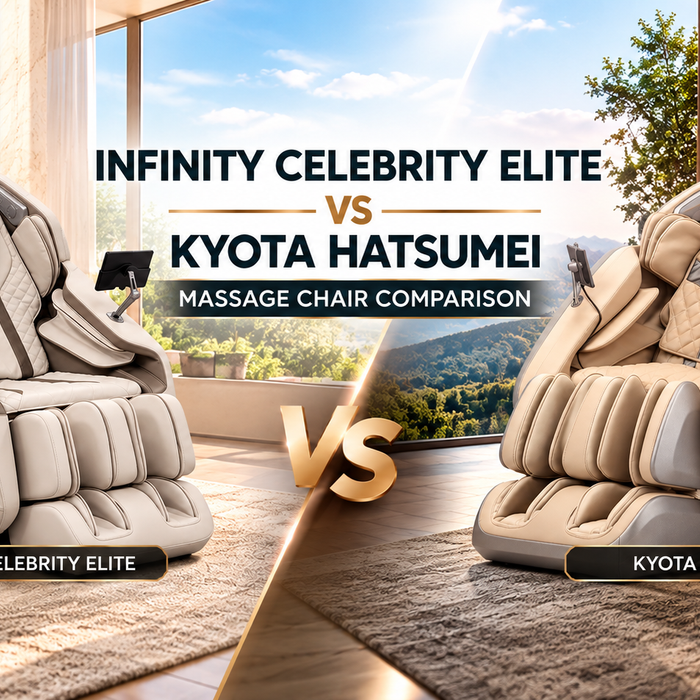 Read about the Infinity Celebrity Elite and Kyota Hatsumei massage chairs 4D technology, AI scanning, heat, airbags, fit, and price to find your best match.