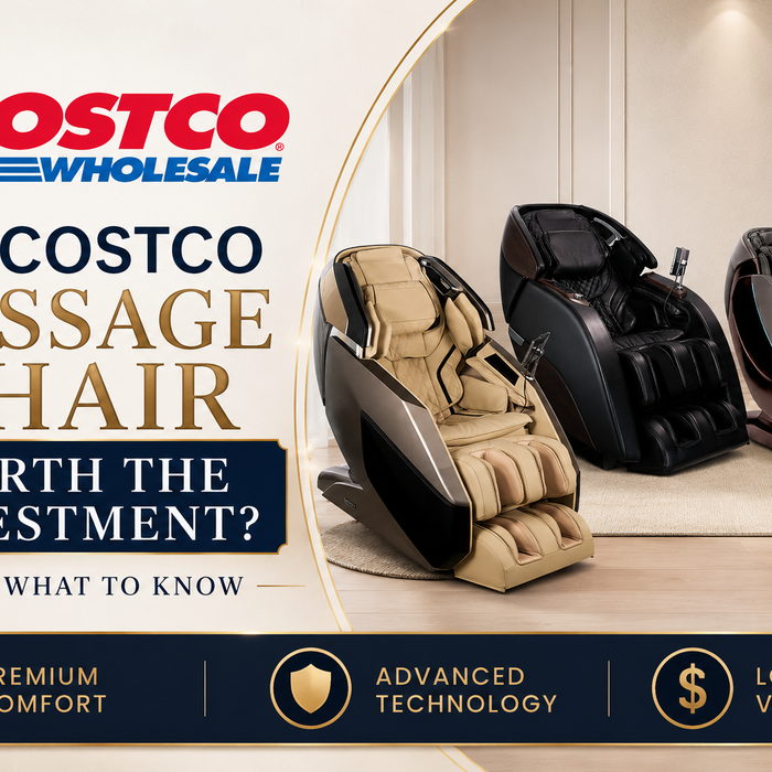 Professional thumbnail graphic showcasing three premium massage chairs with Costco logo and article title about whether Costco massage chairs are worth the investment.