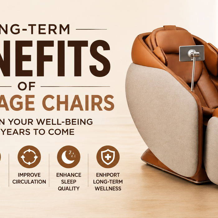 Thumbnail image showing a luxury massage chair with visual highlights of the long-term benefits of massage chair ownership, including stress reduction, improved sleep, and wellness support.