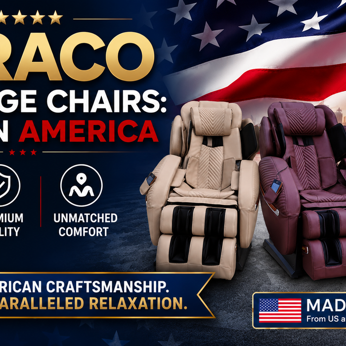 Thumbnail banner for Luraco Massage Chairs: Made in America featuring American-made Luraco massage chairs in cream, chocolate, and black.