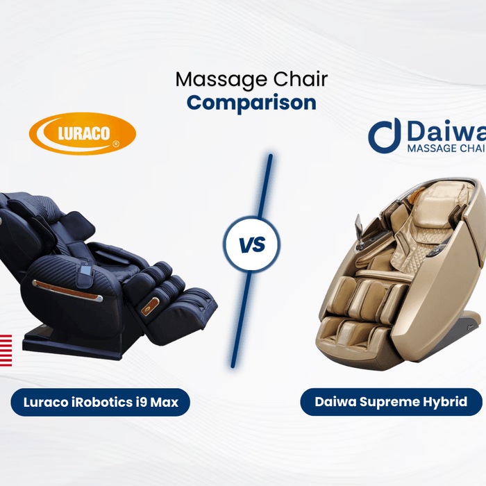Learn about the differences and similarities between the Luraco iRobotics i9 Max and the Daiwa Supreme Hybrid Massage Chairs.