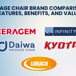 Massage chair brand comparison featuring Osaki, Titan, Daiwa, Luraco, and Infinity chairs side by side.
