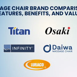 Massage chair brand comparison featuring Osaki, Titan, Daiwa, Luraco, and Infinity chairs side by side.