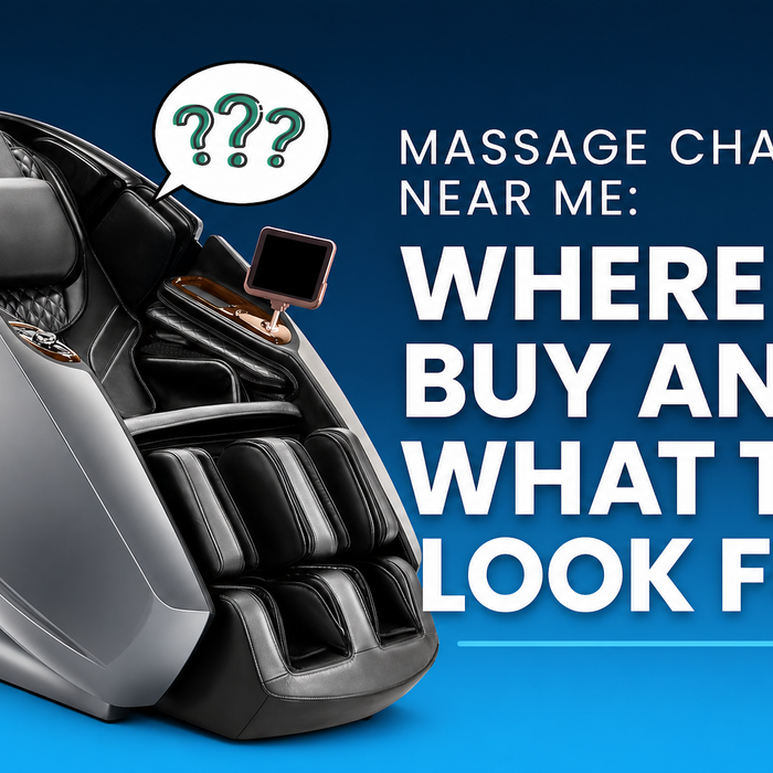 Close-up thumbnail of grey premium massage chair with bold text about buying massage chairs near me.