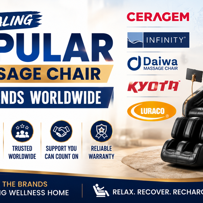 Popular massage chair brands worldwide featuring Ceragem, Infinity, Daiwa, Kyota, and Luraco.
