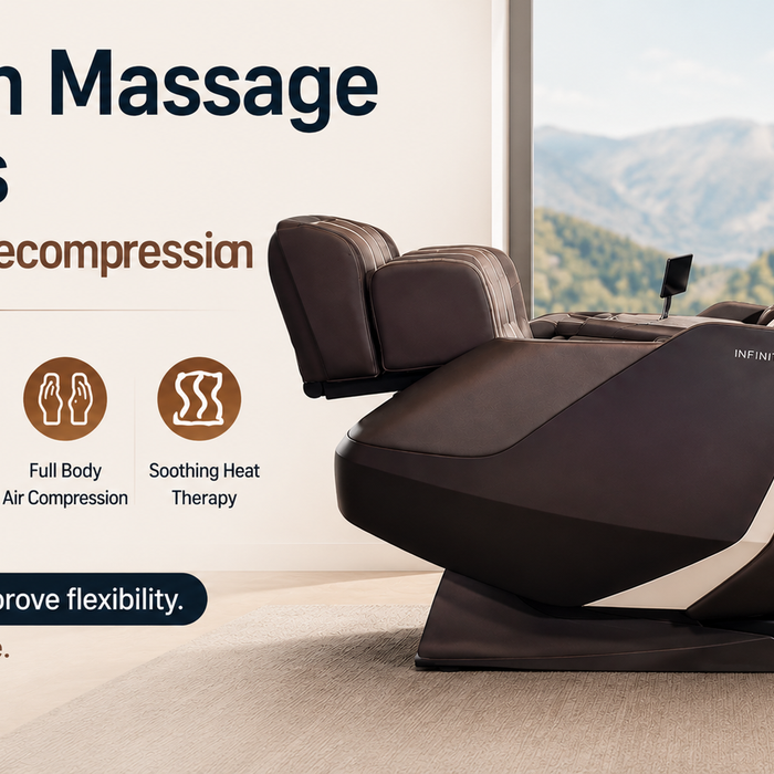 Infinity Sensation 4D DualFlex stretch massage chair providing spinal decompression, zero gravity comfort, and advanced full-body massage.