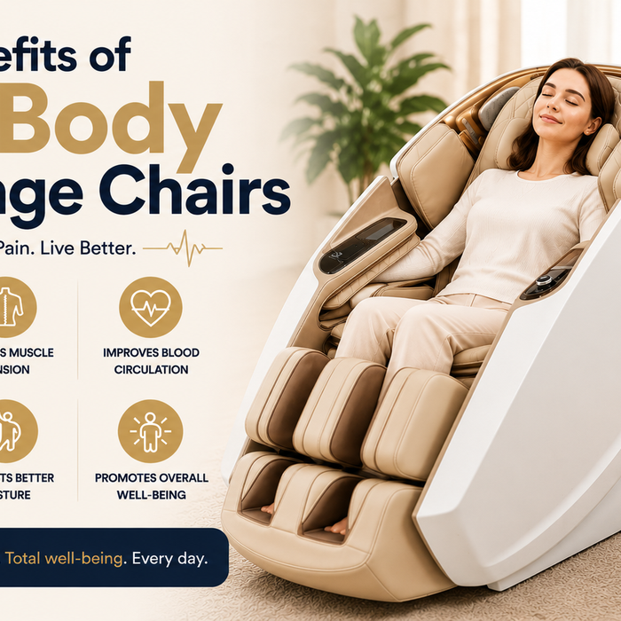 Thumbnail image featuring a woman relaxing in a luxury full-body massage chair with wellness icons representing stress relief, improved circulation, better posture, and relaxation.