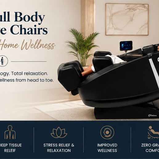 Premium full body massage chair designed for head-to-toe relaxation, deep tissue massage, zero gravity comfort, and modern home wellness in a luxury coastal-inspired setting.