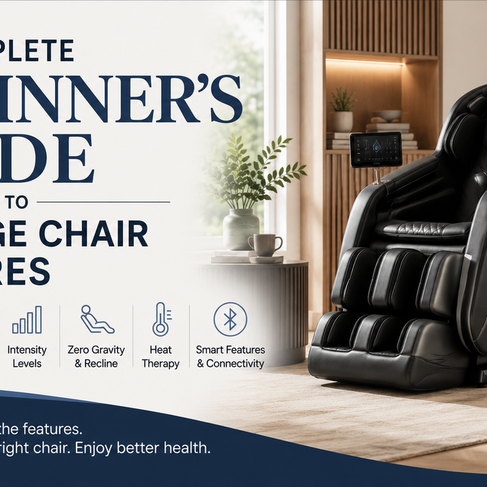 Thumbnail for The Complete Beginner's Guide to Massage Chair Features featuring a luxury massage chair with icons representing massage techniques, body scanning, zero gravity, heat therapy, and smart features.