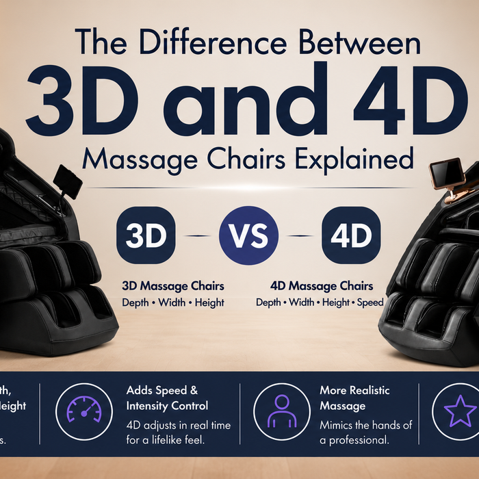 3D vs. 4D massage chair comparison thumbnail featuring two premium massage chairs and highlighting the key differences between 3D and 4D massage technology.