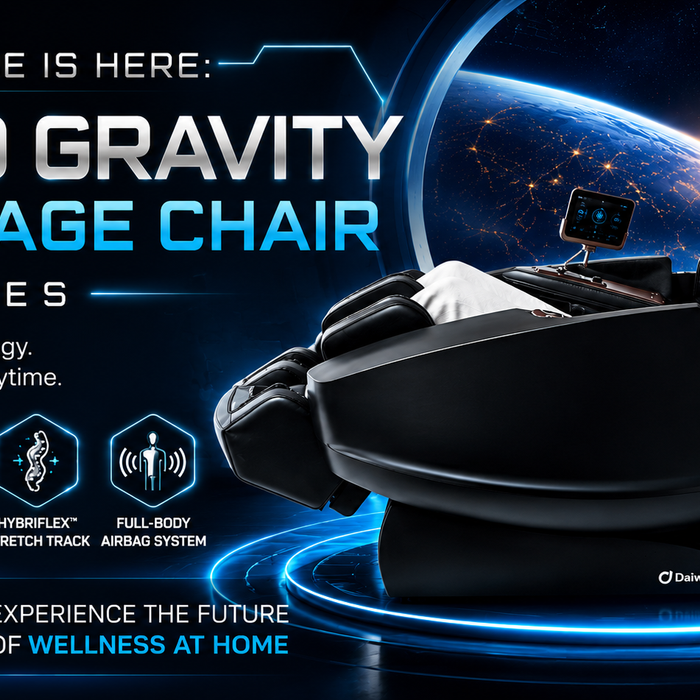Zero gravity massage chair features illustrated with the Daiwa Supreme Hybrid X in a futuristic technology-themed design.