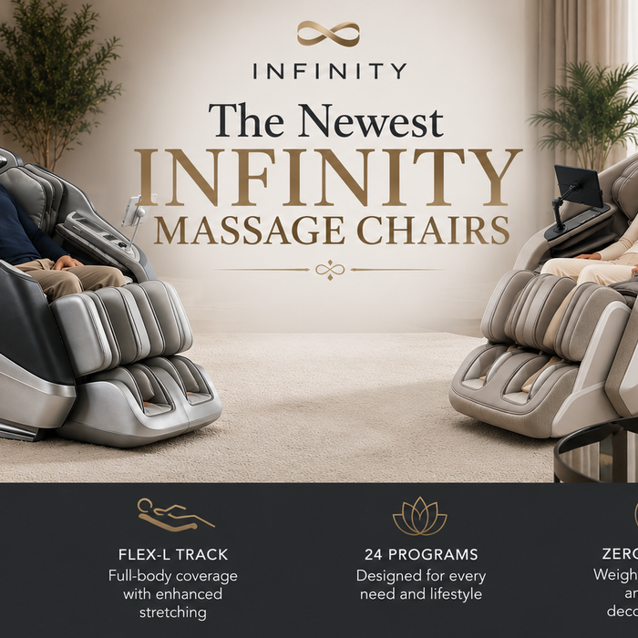 The newest Infinity massage chairs featuring the Infinity Sensation DualFlex and Serenza Flex in a modern living room.