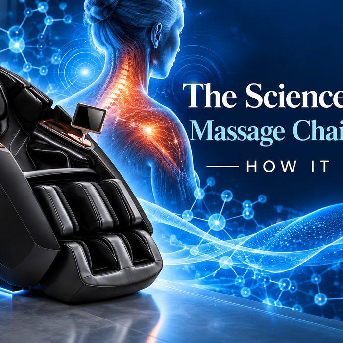 Massage chair with anatomical and technology graphics illustrating the science behind massage chair therapy.