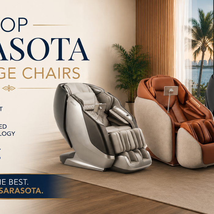 Top Sarasota massage chairs featuring Infinity, Ceragem, and Daiwa models in a luxury Sarasota-inspired showroom.