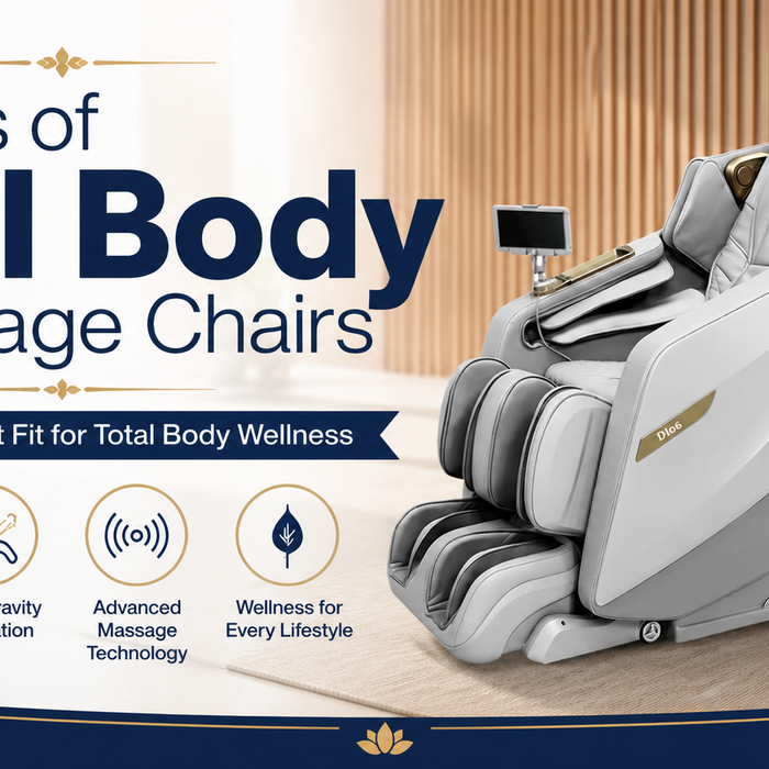 Types of Full Body Massage Chairs thumbnail with the Kahuna Dios Flexa massage chair in a modern home wellness environment.