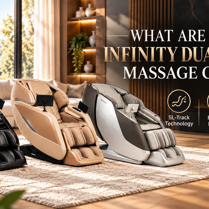 Infinity dual track massage chairs with SL-Track technology, full-body massage, and zero gravity recline