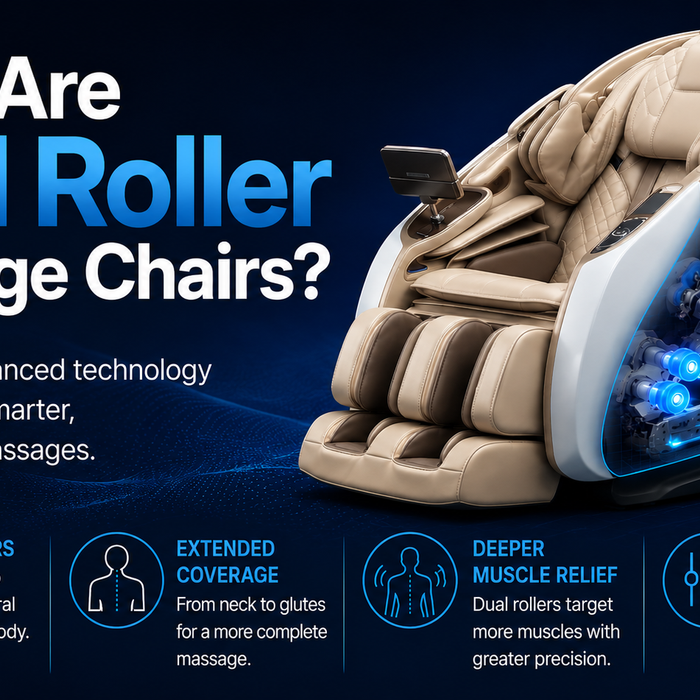 Article thumbnail featuring a luxury massage chair for a guide on dual roller technology.