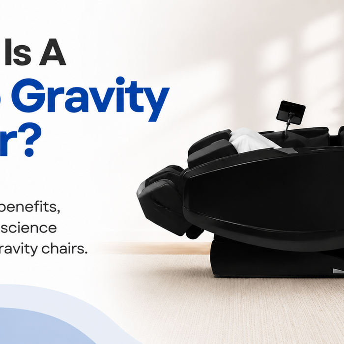 Zero gravity massage chair with a reclining user and article title explaining what a zero gravity chair is.