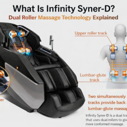 Learn how Infinity’s Syner-D dual roller technology works to mimic professional massage techniques with enhanced coverage and depth.