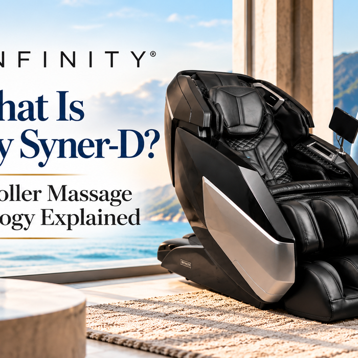 Infinity Syner-D dual roller massage technology illustrated alongside the Infinity Circadian massage chair.