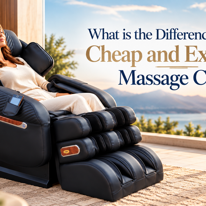 Woman relaxing in a luxury massage chair for an article comparing cheap and expensive massage chairs.