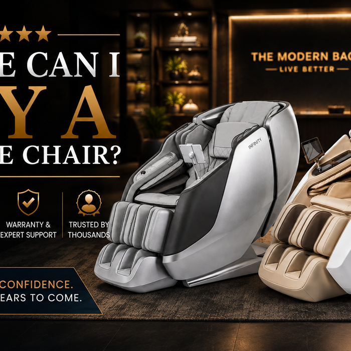 Where can I buy a massage chair? Premium Infinity and Daiwa massage chairs displayed in a luxury Modern Back showroom.