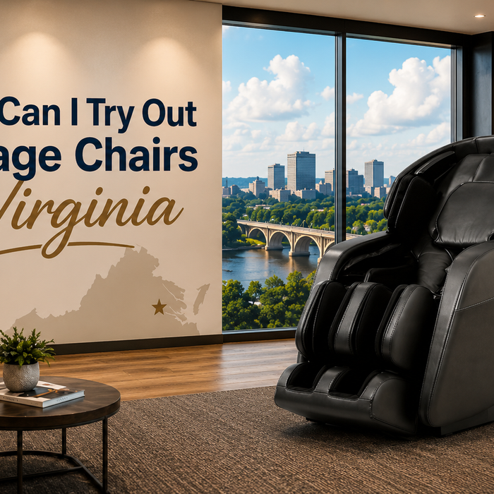 Interior of The Modern Back's Virginia massage chair showroom showcasing premium Daiwa massage chairs available for in-person demonstrations.