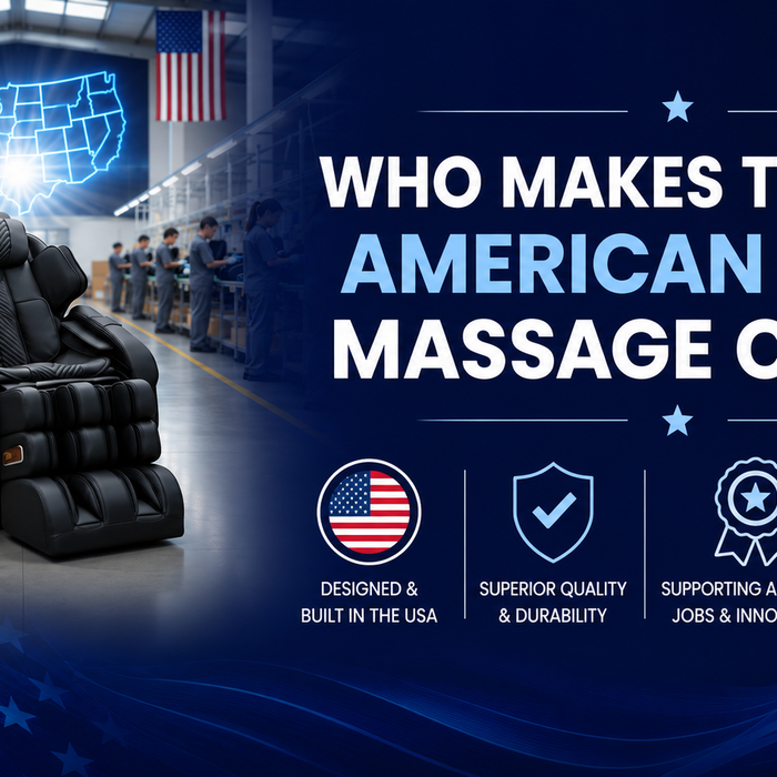 Premium American-made massage chair displayed in a U.S. factory with assembly workers for an article titled "Who Makes the Best American-Made Massage Chair?"