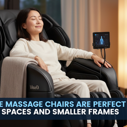 Close-up of a petite massage chair providing back and leg relief for compact living spaces.
