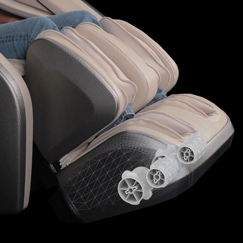 Close-up of Kyota Hatsumei M900 AI dual foot rollers massaging soles.