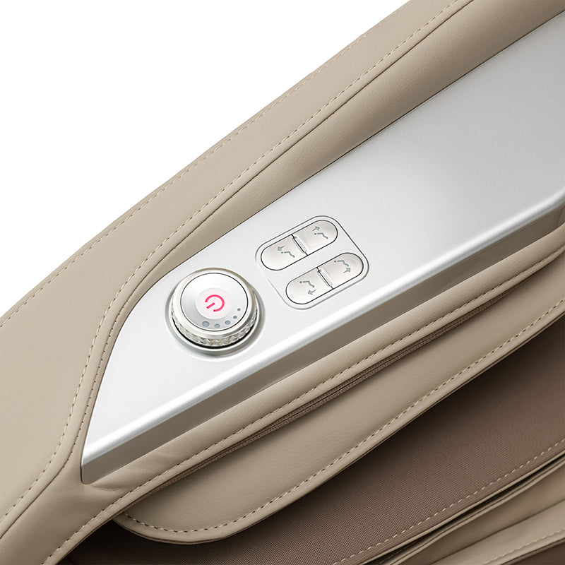 Close-up of Kyota Joubu M880 4D massage chair armrest showing Quick Access Control Panel with easy-touch buttons.
