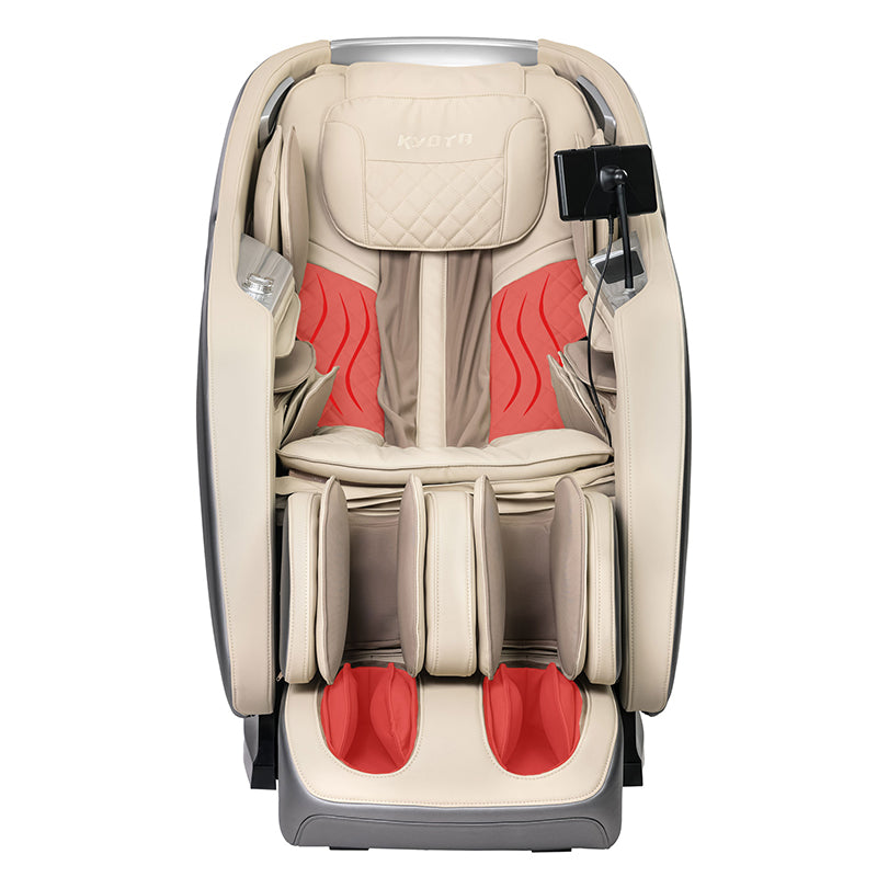 Kyota Joubu M880 4D massage chair highlighting lumbar and foot heat zones for soothing muscle relaxation.