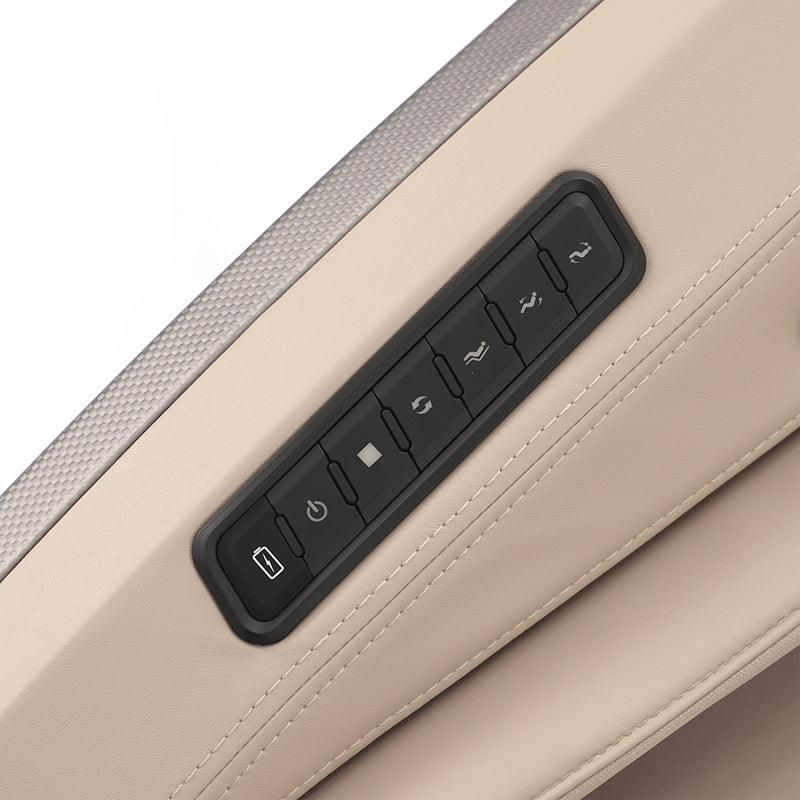 Close-up of Kyota Hatsumei M900 AI Massage Chair armrest showing Quick Access Control Panel for easy massage and recline adjustments.